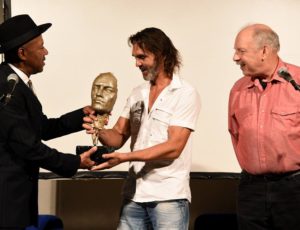 Michael receiving the Kastav Blues Festival Award with Emil Knapic and Duck Baker, Croatia 2017